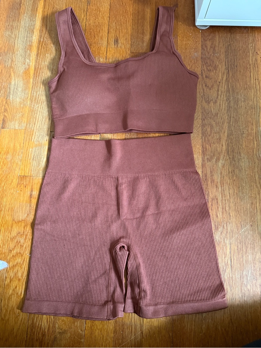 Seamless Ribbed Crop Tank & High-Waist Short Set - Brown